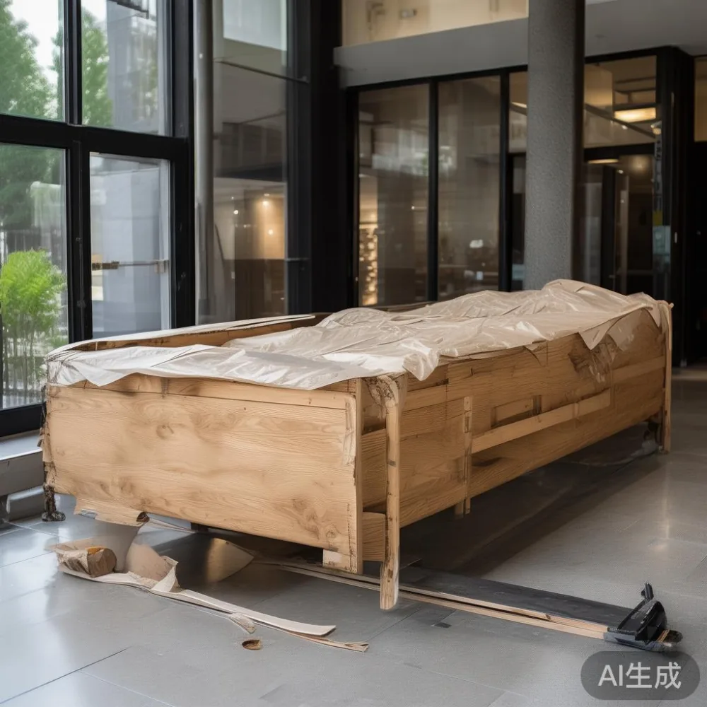 ポストモダンラグジュアリー無垢材ベッドフレームの幕板を名古屋のマンション玄関で養生搬入する自然光写真