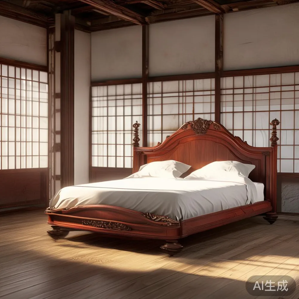 伝統的な日本の部屋に配置されたクラシックなフレンチスタイルのベッドフレームの写真