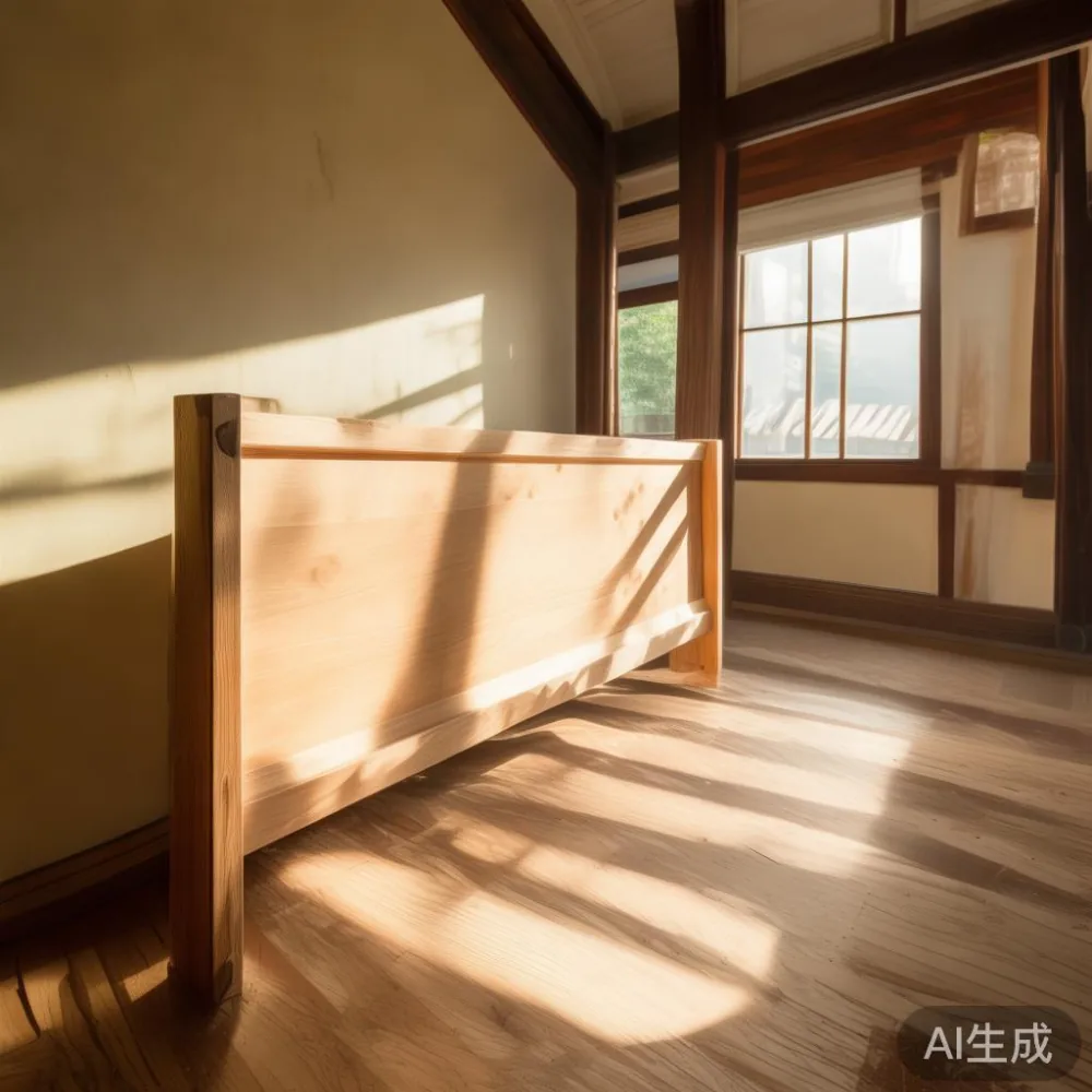 大阪の戸建て階段に養生して立てかけた無垢材ベッドフレームのヘッドボード