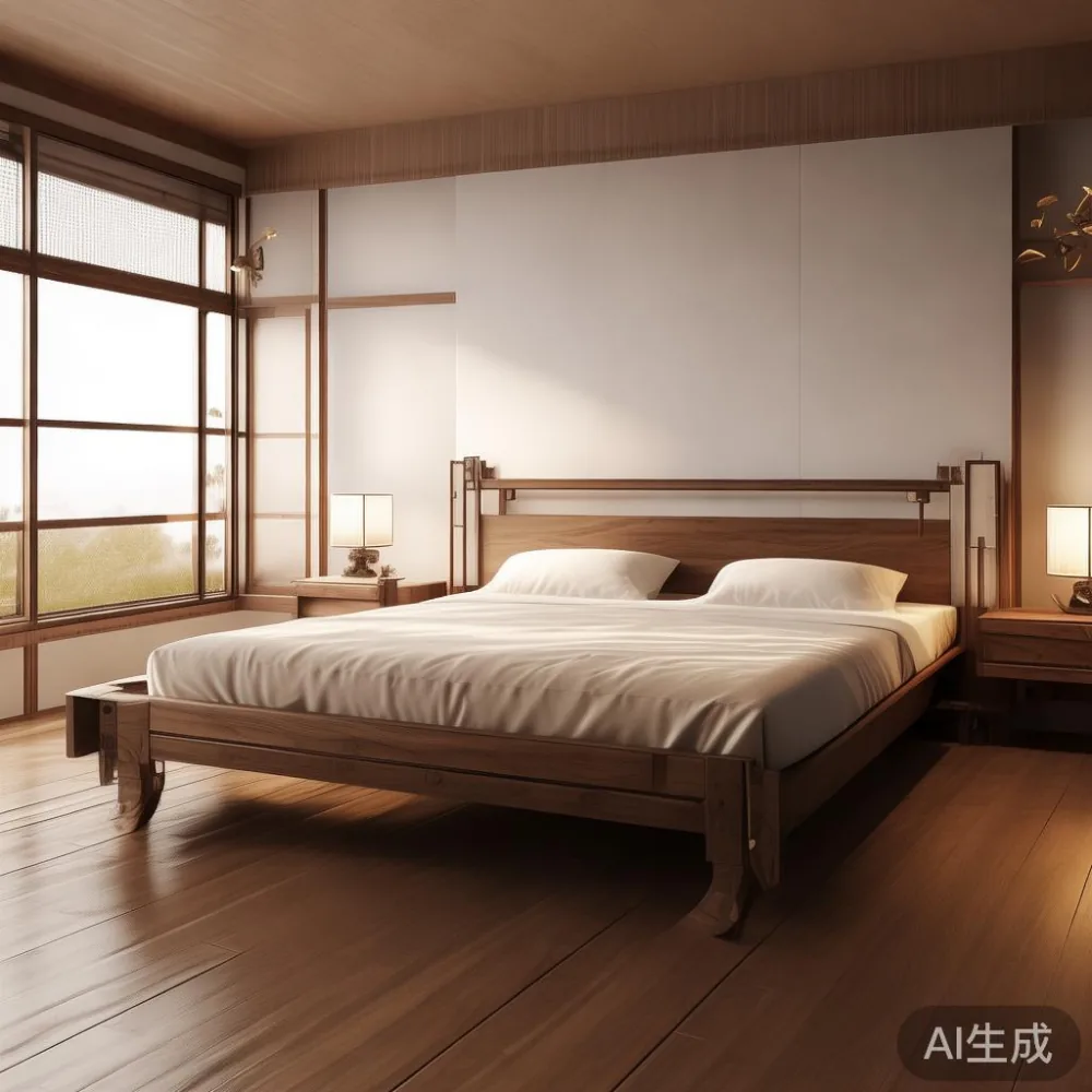 Solid wood double bed frame with intricate metalwork