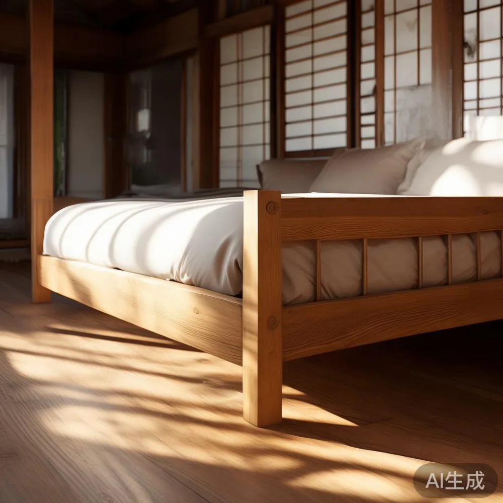 日本の伝統的な木造家屋内で洗練されたベッドフレーム