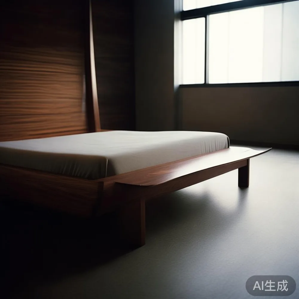 東京の現代風リビングルームで美しい無垢材ベッドフレームが見られる。