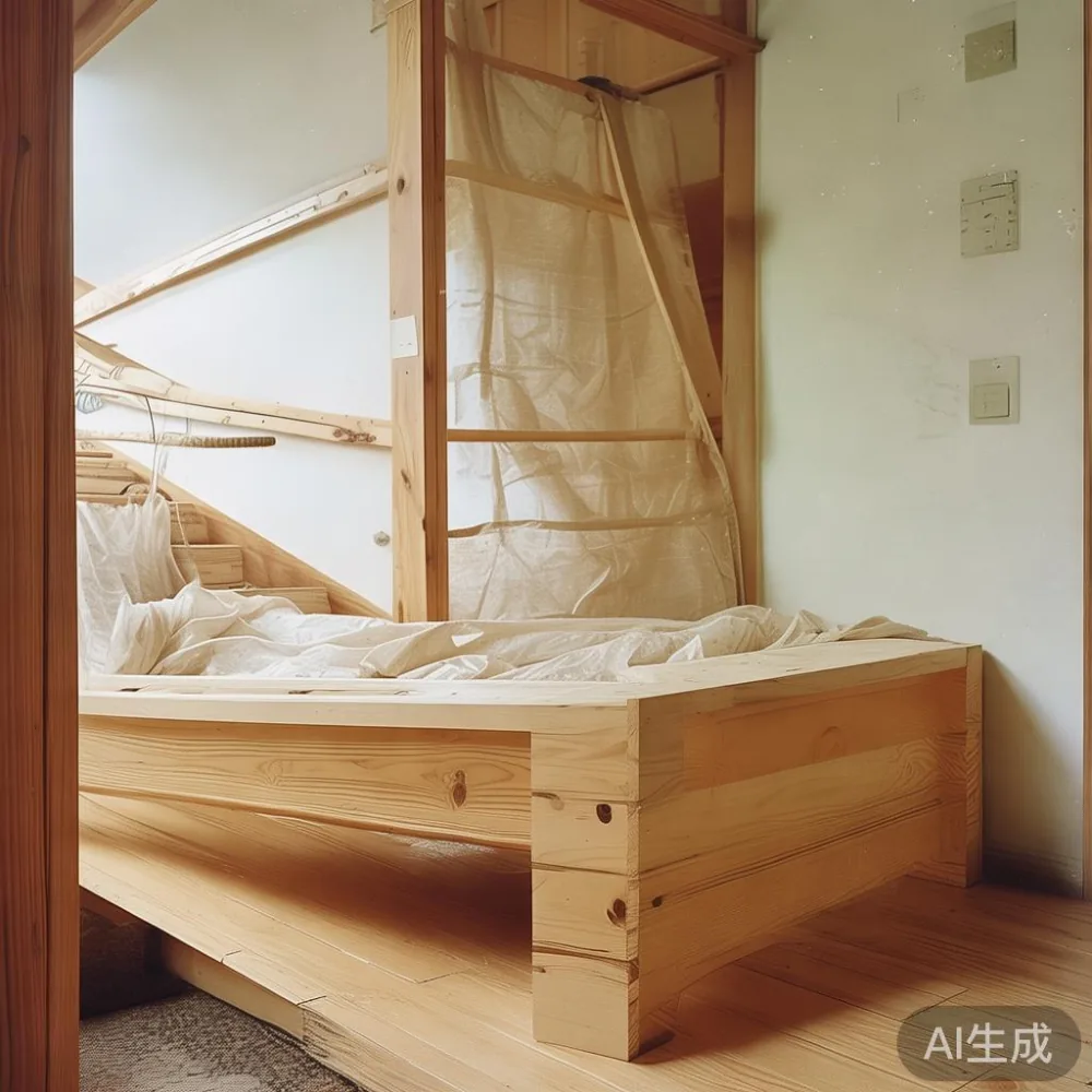 大阪の戸建て階段で搬入前の無垢材ベッドフレーム側板