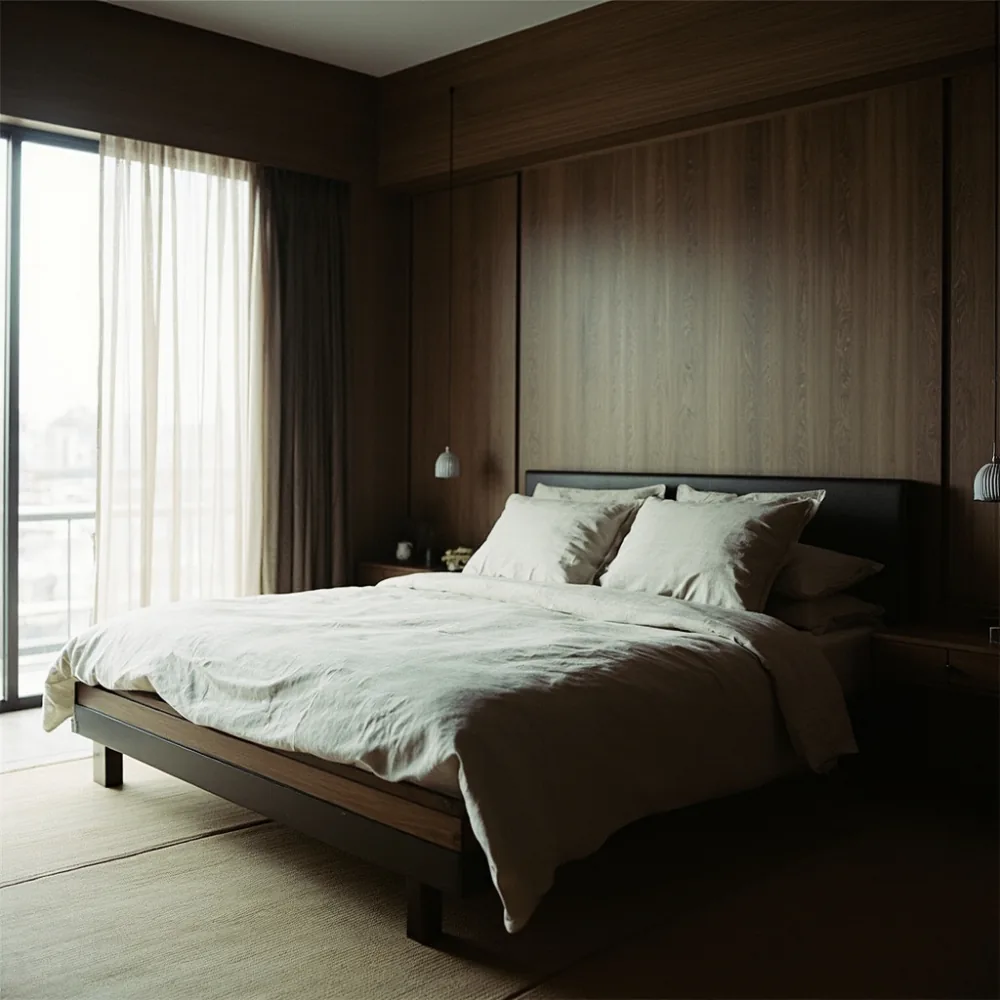 post-modern dark walnut bed frame in compact Tokyo bedroom