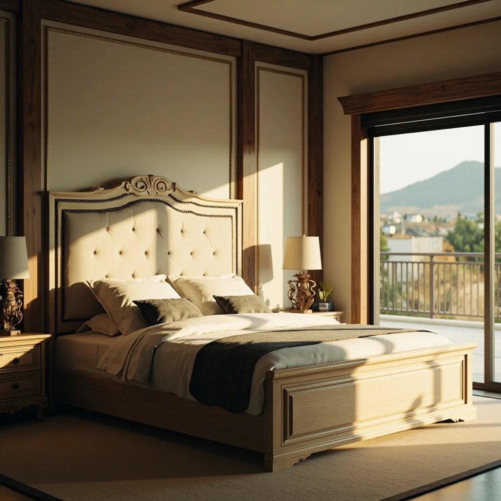 american luxury solid oak bed frame with nailhead trim in spacious Nagoya room