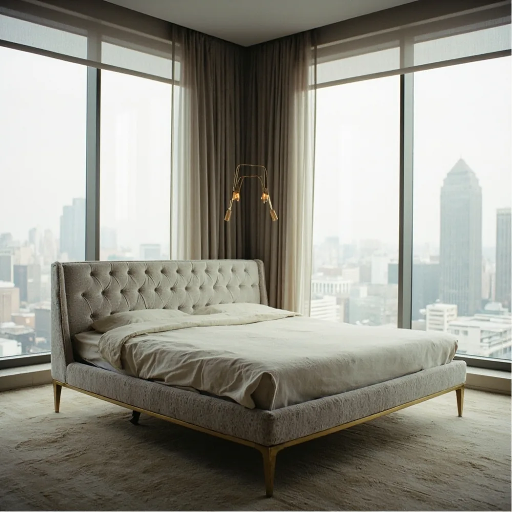 french luxury cream bouclé bed frame with brass details in Tokyo high-rise bedroom